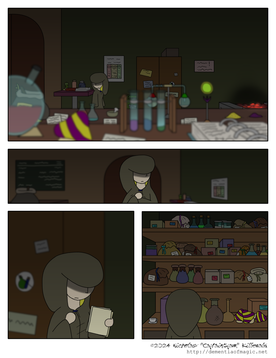 The hooded figure enters the darkened lab and glances around.  Strewn across long tables are various glass test tubes, some flasks, a large globe thingy, and other objects containing liquids and powders in various states of experiment, as well as a few pages of notes, piles of loose unidentified colorful powders, a lab notebook, and other magic things that add to a cluttered appearance, things the artist clearly spent too much time arranging in the scene and will likely avoid re-drawing again later if at all possible.  Along the wall are such things as a small table near the door in which the figure just entered, a cabinet with a few notes stuck to it, and a fire pit with still-glowing embers from the day's research.

The figure silently notes as much of this as is deemed relevant and pulls out a small set of notes.  Looking them over, the figure now stands before a set of shelves at the back of the lab containing many magic ingredients.  There is clearly work to do.