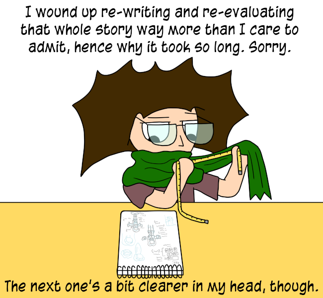 Nick is STILL at his table again.  He is wearing the green scarf the bar patron was wearing, holding up its loose end while measuring it with a tailor's tape measure.  He is glancing at his sketchbook on the table, apparently comparing the measurement he's reading with some note he made.  The sketchbook is open to a page that looks vaguely like the literal page in my own sketchbook I used to give a rough layout of the final comic in this story, as well as quick test sketches of both the bartender and the patron.  

I wound up writing and re-evaluating that whole story way more than I care to admit, hence why it took so long.  Sorry.  The next one's a bit clearer in my head, though.