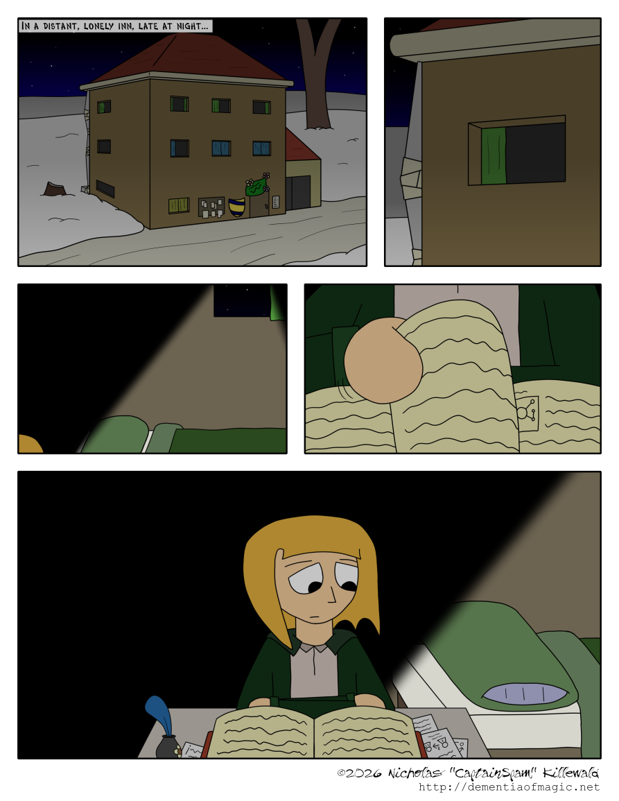 A narration describes the scene succinctly: "In a distant, lonely inn, late at night...".

We see an unassuming, three-story inn with some minor decorations, only a few rooms, and an attached utility shed.  It is winter; snow is on the ground and a single tree in the background is bare.  It's night, and nobody is around.

We zoom into a window.  Inside, the room is only lit by the moonlight streaming in.  All we see is a bed and the corner of someone's head.

A closeup on the figure turning a page in a book.

The camera pulls out to reveal this is Howard, up late at night, studying this book.  His notes are scattered around the table, with an inkwell (apparently branded with the same decorations as the inn itself) nearby.

Though studiously studying, Howard doesn't necessarily seem all that content.